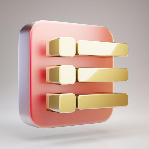 Unordered List icon. Golden Lira symbol on red matte gold plate. 3D rendered Social Media Icon.