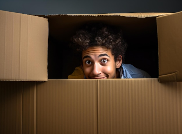 Unpacking concept a delivery man hiding in a carton box