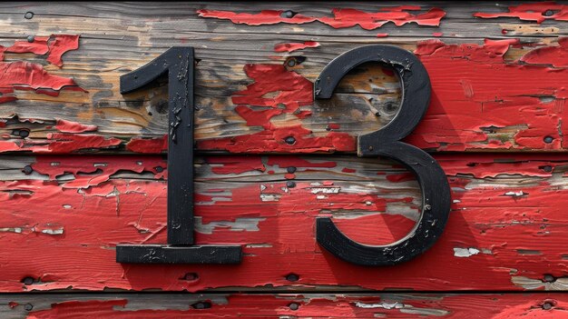 На неокрашенной красной бетонной стене черным шрифтом написано число 13