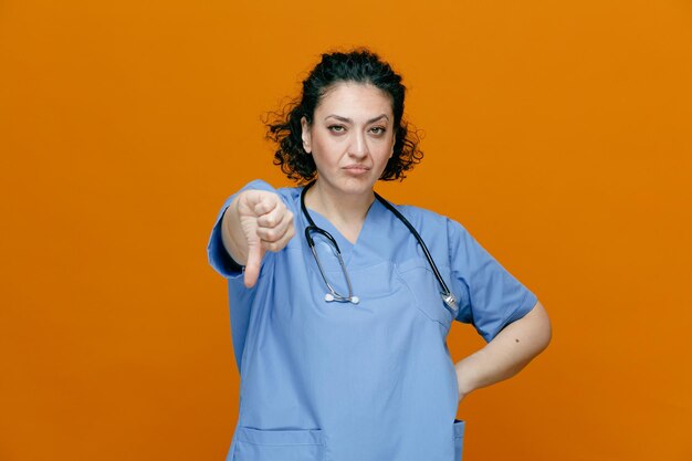 Unpleased middleaged female doctor wearing uniform and stethoscope around her neck looking at camera showing thumb down while keeping hand on waist isolated on orange background