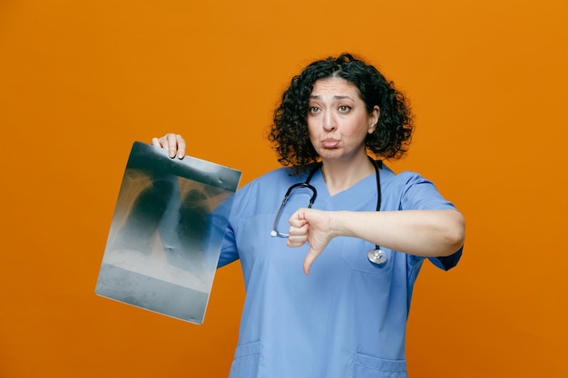 Unpleased middleaged female doctor wearing uniform and stethoscope around her neck looking at side showing xray shot and thumb down isolated on orange background