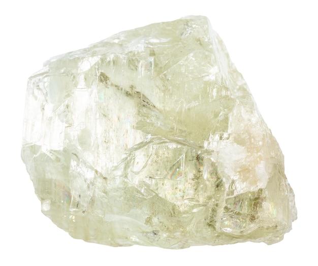 unpolished hiddenite mineral isolated on white