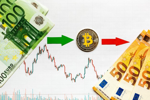 Unprofitable investment of virtual money bitcoin green red arrow and silver bitcoin go down on paper forex chart index rating market background concept of depreciation of cryptocurrency