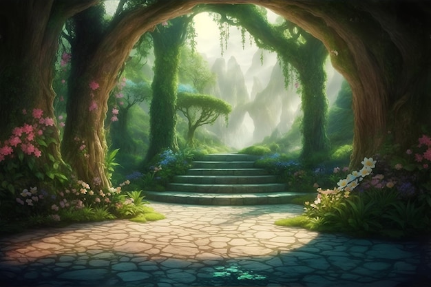 Unreal fantasy landscape with trees and flowers Garden of Eden exotic fairytale