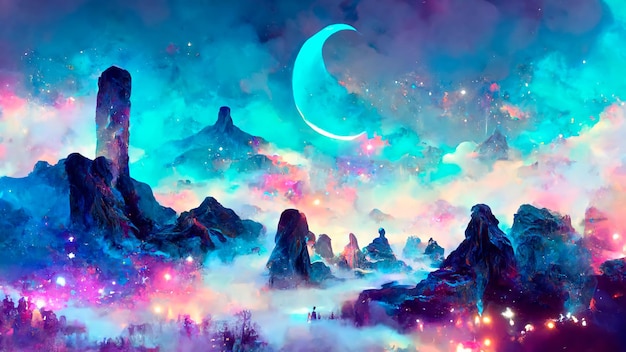 Unreal fantasy world Abstract fantasy neon space landscape