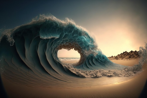 Unreal scene with enormous waves encircling deserted sand