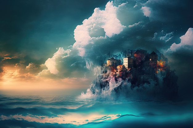 Unreal seascape idea with buildings and clouds on the water at dusk