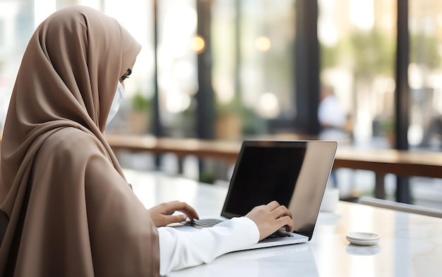 Unrecognizable arab woman in hijab using laptop blank screen in coworking space