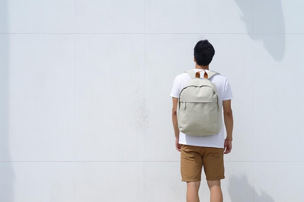 Неузнаваемый азиатский турист с рюкзаком, стоящий на белой стене.