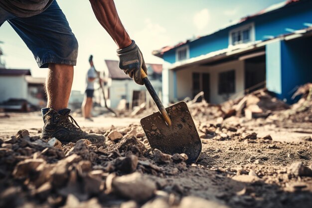 Unrecognizable builder collecting construction debris with a shovel House renovation