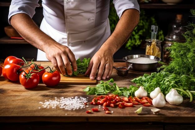 Unrecognizable chef masterfully preparing a dish showcasing the art and precision of gourmet cooking