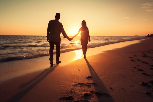 Unrecognizable Couple walking hand in hand on a sandy beach at sunset symbolizing love togetherness