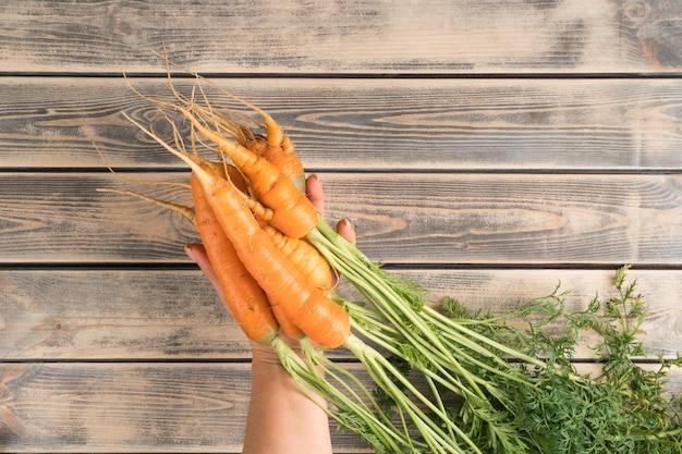 Unrecognizable cropped man hand hold orange tasty juicy carrot with green stem and leaves on wooden background Top view