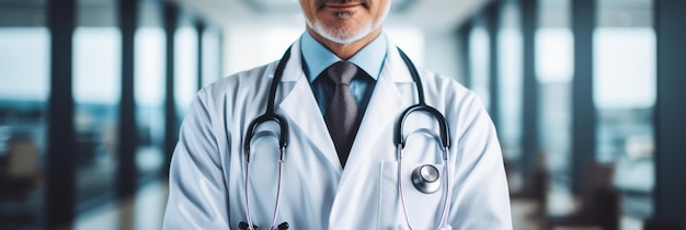 Unrecognizable doctor with stethoscope examining patient in hospital blurred interior background