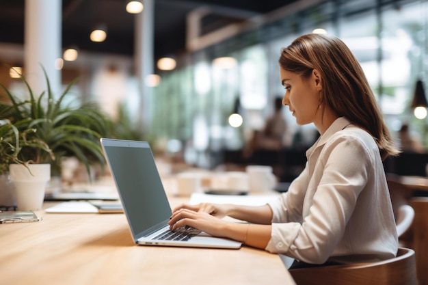 Unrecognizable female employee taking notes while working on laptop in office