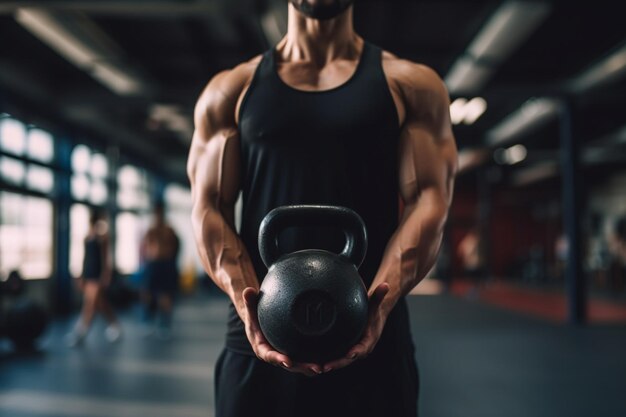 Unrecognizable fit hispanic man in gym working out with kettlebell