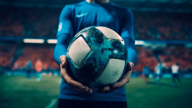 Unrecognizable football player in blue shirt holding soccer ball while standing on stadium Generative AI