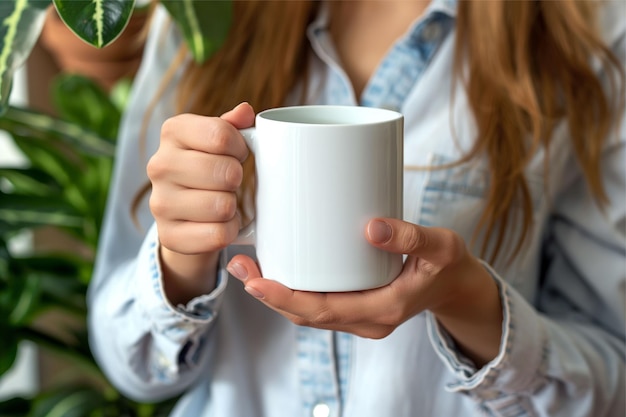 Unrecognizable girl is holding white mug in hands Blank White Mug Mockup