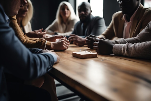 Foto irriconoscibile gruppo di persone diverse sedute attorno a un tavolo da conferenza impegnate in una discussione