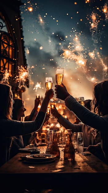 Foto gruppo irriconoscibile di amici che alzano il bicchiere di champagne guardando i fuochi d'artificio la celebrazione di capodanno