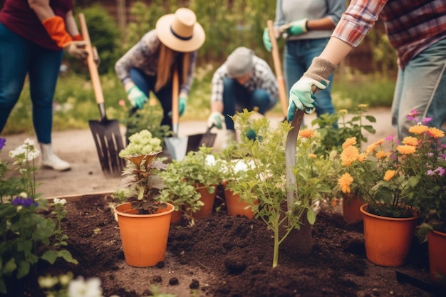 unrecognizable group of people holding gardening tools and planting flowers in a community garden