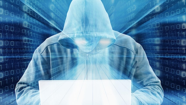 Unrecognizable hacker and binary code