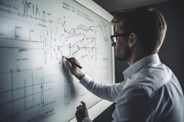 An unrecognizable man in a boardroom using a whiteboard and markers to illustrate stock market