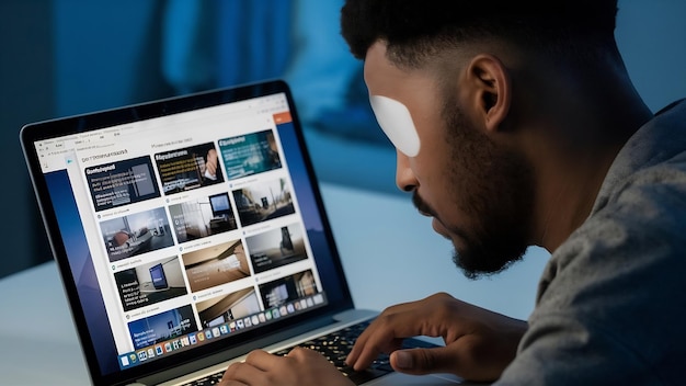 Unrecognizable man choosing online study program while using laptop