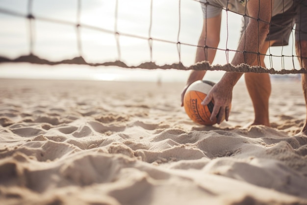 Unrecognizable man enjoying a day at the beach playing volleyball building sandcastles