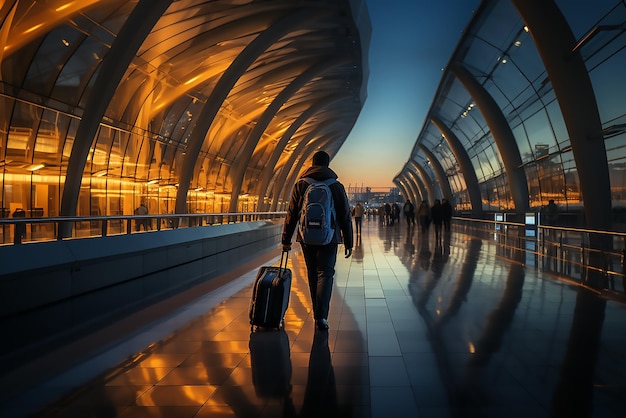 Unrecognizable man with a back pack and suitcase walking in airport through transport infrastructure