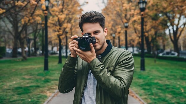 Unrecognizable man with professional photo camera standing in park