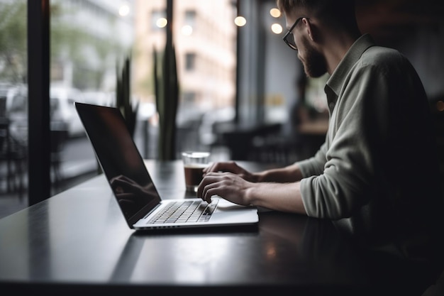 Unrecognizable man working on a laptop in a modern co working space