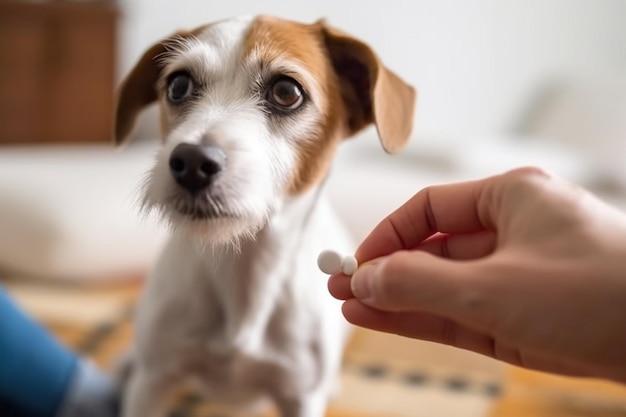 病気の犬に錠剤に入った薬を与える認識できない飼い主