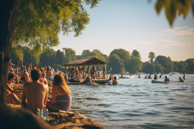 Неузнаваемые люди наслаждаются летним днем на озере