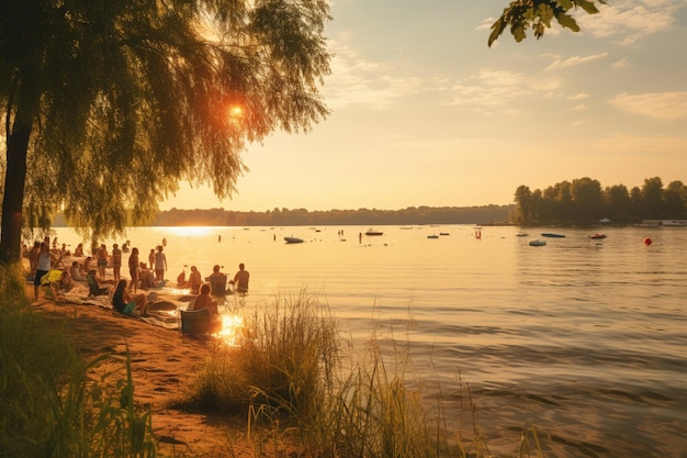 Unrecognizable people enjoying summer afternoon on lake