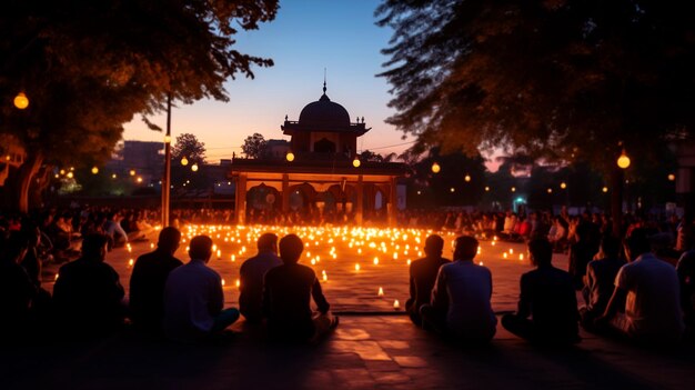 Foto persone irriconoscibili che pregano di notte davanti a un tempio