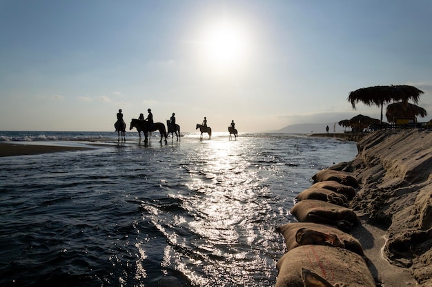 Unrecognizable people riding horses on the beach at dawn