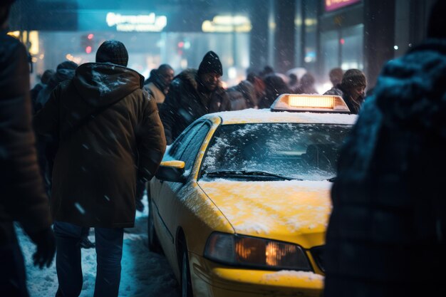 Unrecognizable people standing near stranded taxi cab and pushing in downtown