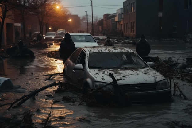 Unrecognizable people walking along stranded cars on flooded urban street in city at evening