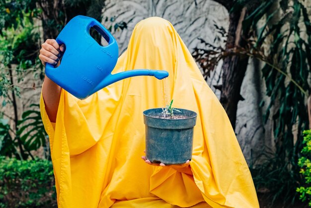 Unrecognizable person watering young lemon tree while covered with yellow sheet
