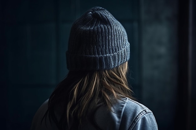 Unrecognizable person with long hair wearing a designer beanie made of denim Artistic photo