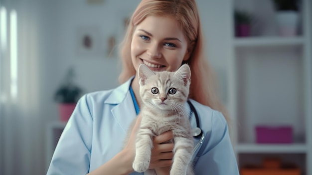 Unrecognizable professional veterinarian vet clinic professional doctor nurse medical veterinary worker girl female woman hold happy cute adorable healthy safe cat pet medical service clinic hospital