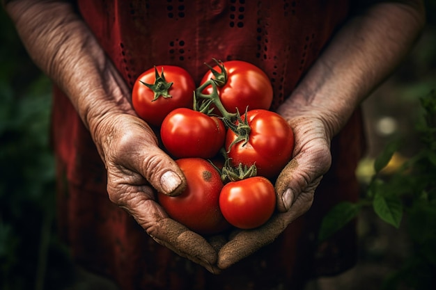 Unrecognizable senior woman in her garden holding tomatoes