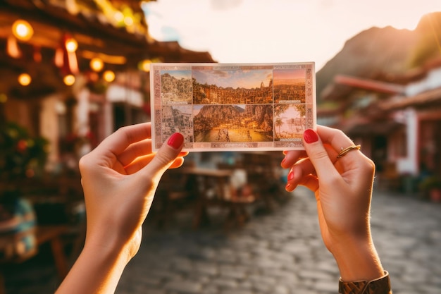 認識できない観光客が自然の風景の前でポストカードを持っている AI が生成したイラスト