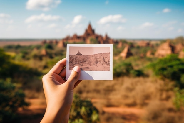 Unrecognizable tourist holds postcard in front of natural landscape AI generated illustration