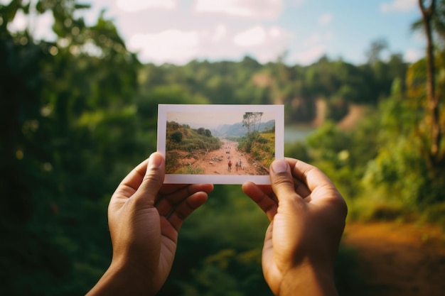 Неузнаваемый турист держит открытку перед природным ландшафтом, созданным искусственным интеллектом