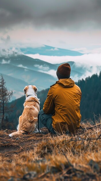 Unrecognizable traveler sitting on hill with dog