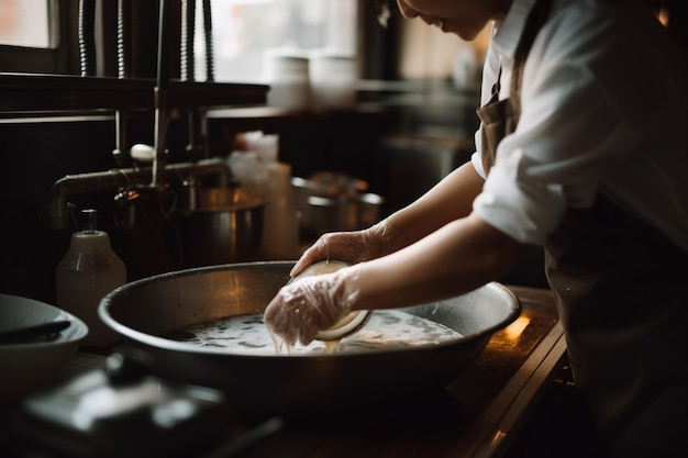 Unrecognizable Waitress washing dish in the kitchen of restaurant