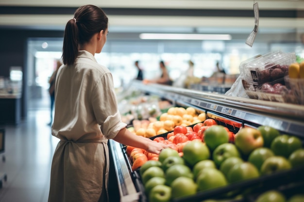 Неузнаваемая женщина, покупающая продукты в кассе современного супермаркета, подает им звуковой сигнал