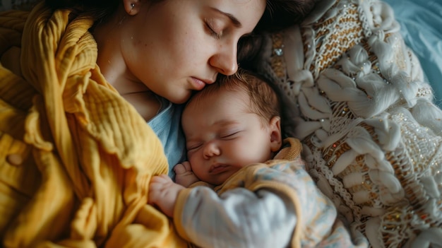 Photo unrecognizable woman comforting newborn baby on bed